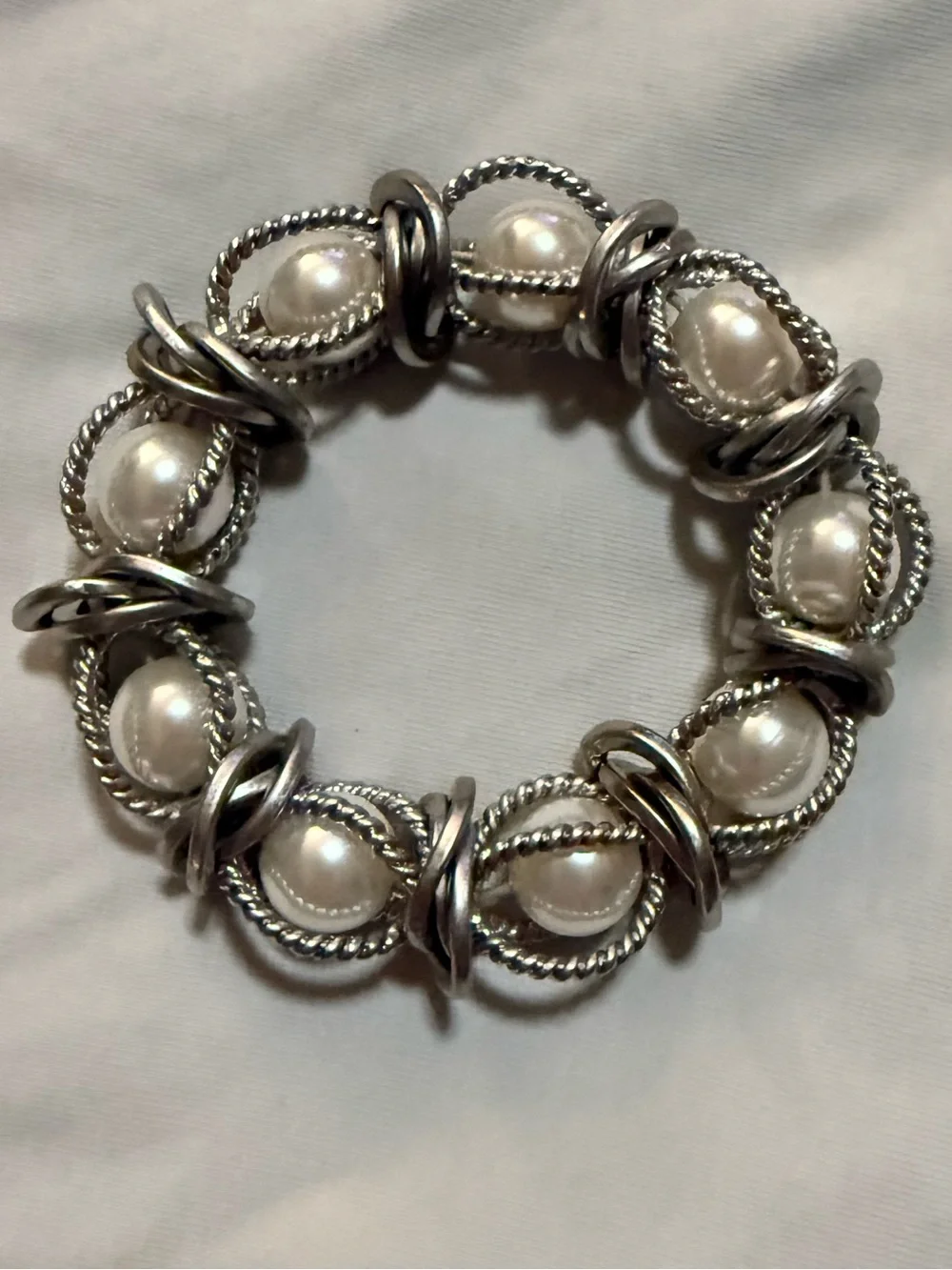 Lia Sophia Silver Tone Rope Link Stretch Bracelet with White Simulated Pearls